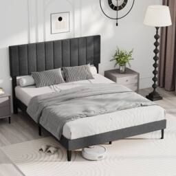 Costway King Size Linen Fabric Bed Frame Upholstered Platform Bed w/Headboard in Grey - thumbnail 1