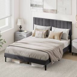 Costway King Size Linen Fabric Bed Frame Upholstered Platform Bed w/Headboard in Grey - thumbnail 5