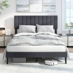 Costway King Size Linen Fabric Bed Frame Upholstered Platform Bed w/Headboard in Grey - thumbnail 4