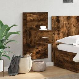 Berkfield Home Decorative Wall-mounted Bedside Cabinet with LED Lights Smoked Oak in Brown - thumbnail 4