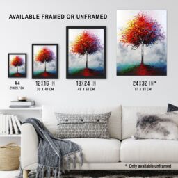 "Artery8 Lone Rainbow Tree Painting Autumnal Colourful Framed Art Print in Red - Size: W12"" x H16""" - thumbnail 3