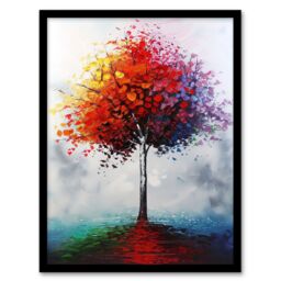 "Artery8 Lone Rainbow Tree Painting Autumnal Colourful Framed Art Print in Red - Size: W12"" x H16""" - thumbnail 1