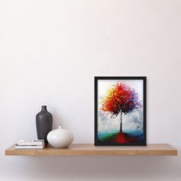 "Artery8 Lone Rainbow Tree Painting Autumnal Colourful Framed Art Print in Red - Size: W12"" x H16""" - thumbnail 4