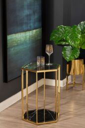 Orsina Black & Silver End Table, Small Side Table By Couch, Settee Side Table, Black Marble Top Sofa Side Table in Gold - thumbnail 5