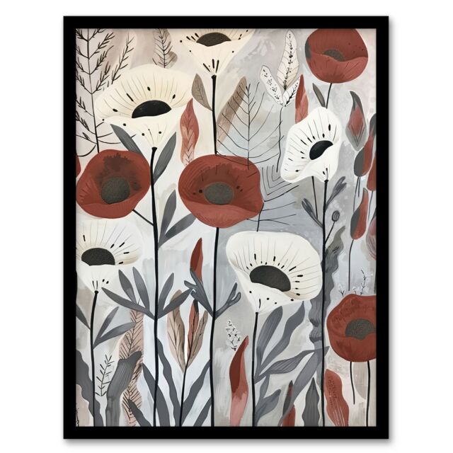 "Artery8 Red White Poppy Flower Field Floral Watercolour Framed Art Print - Size: W12"" x H16""" - image 1