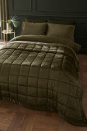 Catherine Lansfield 'Kingsley Matt Velvet' Quilted Bedspread in Olive - thumbnail 1