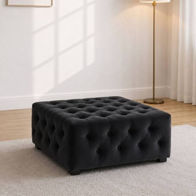 Sofaya Hampton Chesterfield Foot Stool Velvet, Deep Buttoned Coffee Table in Black - Size: 60 cm x 60 cm - image 1