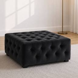 Sofaya Hampton Chesterfield Foot Stool Velvet, Deep Buttoned Coffee Table in Black - Size: 60 cm x 60 cm - thumbnail 2