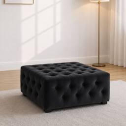 Sofaya Hampton Chesterfield Foot Stool Velvet, Deep Buttoned Coffee Table in Black - Size: 60 cm x 60 cm - thumbnail 1