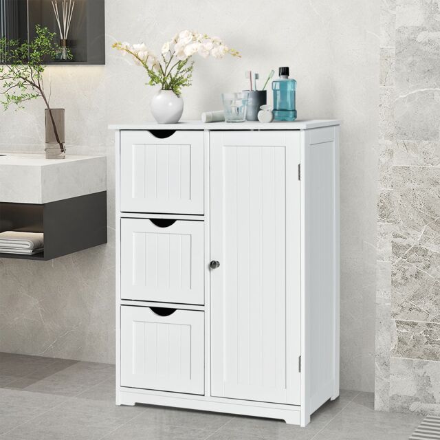 Costway Bathroom Floor Cabinet Storage Cupboard Organizer W/Adjustable Shelf & 3 Drawers in White - image 1