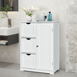 Costway Bathroom Floor Cabinet Storage Cupboard Organizer W/Adjustable Shelf & 3 Drawers in White