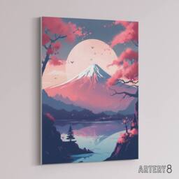 "Artery8 Mount Fuji Lake & Cherry Blossom Trees Canvas Wall Art Print in Pink - Size: W18"" x H24""" - thumbnail 2