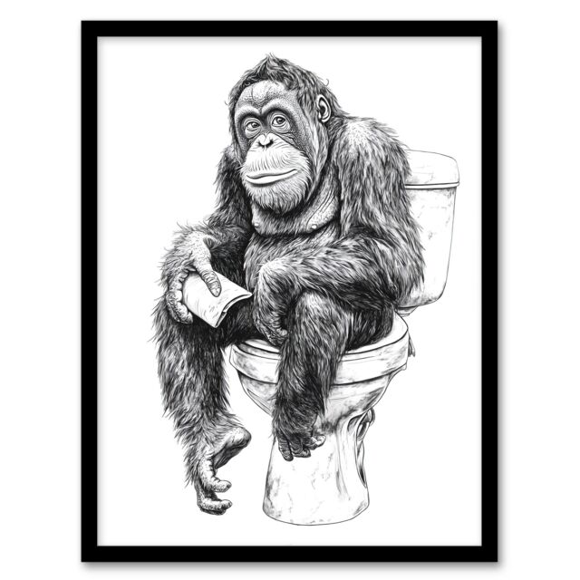 Artery8 Orangutan Ape On Toilet Funny Black White Drawing Framed Art Print - Size: A4 - image 1