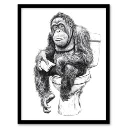 Artery8 Orangutan Ape On Toilet Funny Black White Drawing Framed Art Print - Size: A4 - thumbnail 1