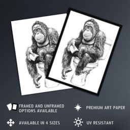 Artery8 Orangutan Ape On Toilet Funny Black White Drawing Framed Art Print - Size: A4 - thumbnail 2