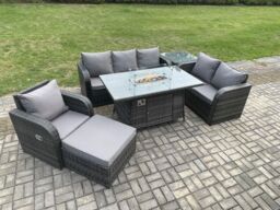 Fimous Garden Patio Furniture Wicker Rattan Gas Fire Pit Table & Sofa Chair set with Side Table Big Footstool in Dark Grey - thumbnail 3