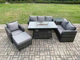 Fimous Garden Patio Furniture Wicker Rattan Gas Fire Pit Table & Sofa Chair set with Side Table Big Footstool in Dark Grey - thumbnail 1