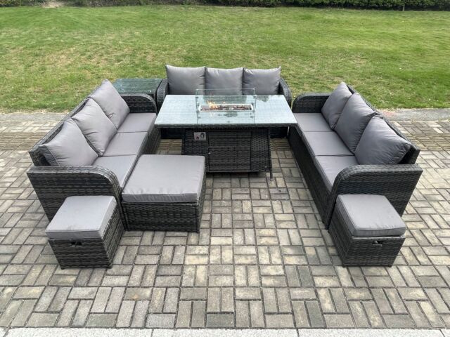 Fimous Outdoor Rattan Furniture Garden Dining Set Gas Fire Pit Table With Side Table Lounge Sofa 3 Footstool in Dark Grey - image 1