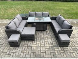 Fimous Outdoor Rattan Furniture Garden Dining Set Gas Fire Pit Table With Side Table Lounge Sofa 3 Footstool in Dark Grey - thumbnail 1