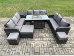 Fimous Outdoor Rattan Furniture Garden Dining Set Gas Fire Pit Table With Side Table Lounge Sofa 3 Footstool in Dark Grey - thumbnail 3