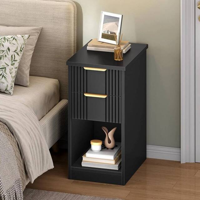 FORGEVIO Slim Narrow 2 Drawer Bedside Cabinet 48x30x60cm in Black - Size: 48 x 30 x 60 cm - image 1