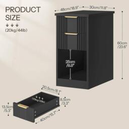 FORGEVIO Slim Narrow 2 Drawer Bedside Cabinet 48x30x60cm in Black - Size: 48 x 30 x 60 cm - thumbnail 2