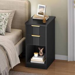 FORGEVIO Slim Narrow 2 Drawer Bedside Cabinet 48x30x60cm in Black - Size: 48 x 30 x 60 cm - thumbnail 1