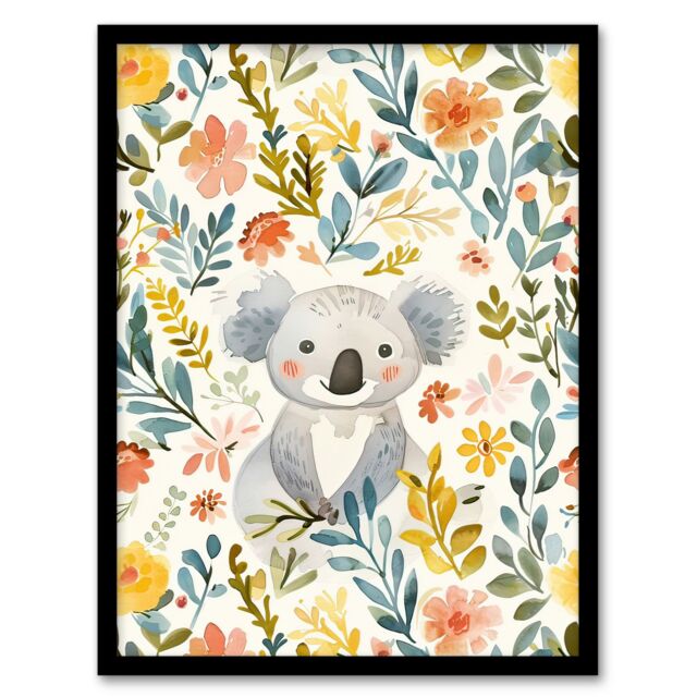 Artery8 Adorable Koala Bear in Floral Meadow Watercolour Framed Wall Art - Size: A4 - image 1