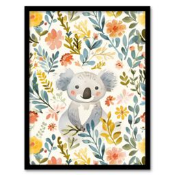 Artery8 Adorable Koala Bear in Floral Meadow Watercolour Framed Wall Art - Size: A4 - thumbnail 1