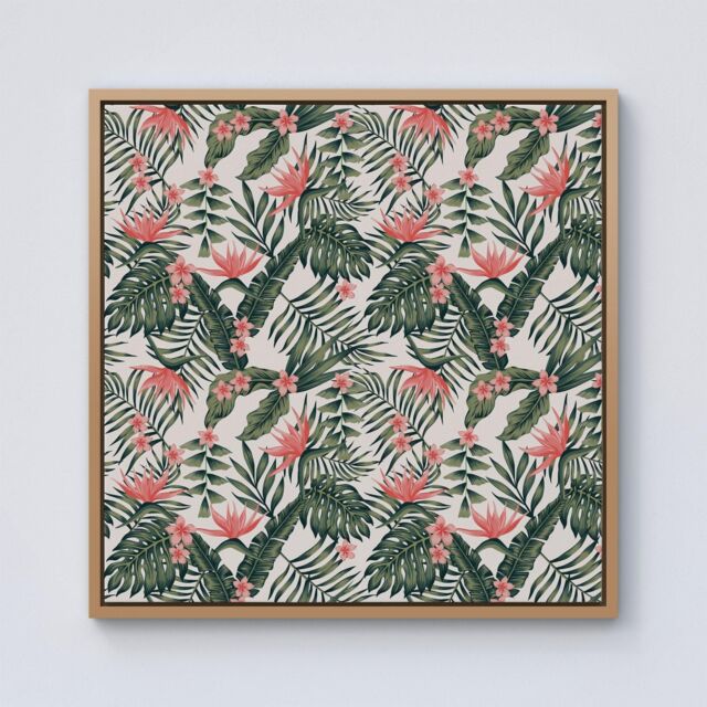 "Warren Reed - Designer Dark Tropical Green Leaves Framed Canvas in Light Brown - Size: W16"" x H16""" - image 1