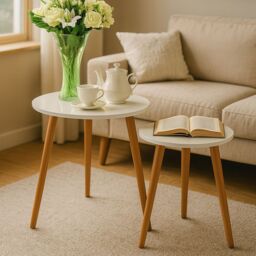 Orsina Round Nest of 2 Tables, Gloss Finish Nesting Table, Versatile Coffee Tables, Small Tables for Living Room in White