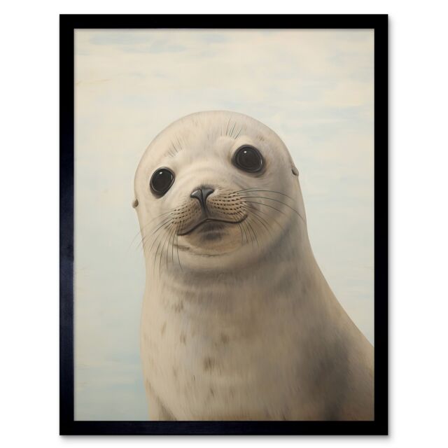 "Artery8 Wall Art Print Adorable Baby Seal Pup Portrait Oil Painting Calming Kids Bedroom Cute Arctic Animal Artwork Art Framed - Size: W12"" x H16""" - image 1