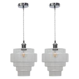 First Choice Lighting Set of 2 Benson - 5 Tier Glass & Chrome Ceiling Pendant Lights in Clear