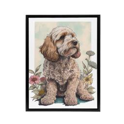 "Artery8 Cockapoo Dog With Spring Wildflowers Framed Canvas Wall Art Print - Size: W12"" x H16""" - thumbnail 1