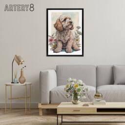 "Artery8 Cockapoo Dog With Spring Wildflowers Framed Canvas Wall Art Print - Size: W12"" x H16""" - thumbnail 3