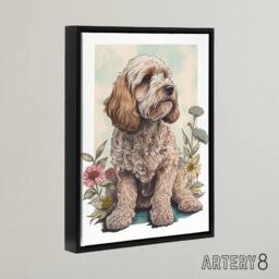 "Artery8 Cockapoo Dog With Spring Wildflowers Framed Canvas Wall Art Print - Size: W12"" x H16""" - thumbnail 2