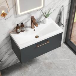 Balterley 800mm Wall Hung 1 Drawer Vanity Basin Unit, Dark Grey, Bronze Handle in Grey - thumbnail 3