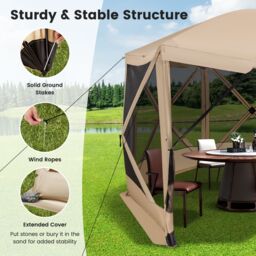 Costway 346 x 305 cm Pop-up Screen House Tent 6-Sided Camping Gazebo Instant Setup Hub Tent with Portable Carrying Bag in Beige - thumbnail 3