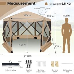 Costway 346 x 305 cm Pop-up Screen House Tent 6-Sided Camping Gazebo Instant Setup Hub Tent with Portable Carrying Bag in Beige - thumbnail 6