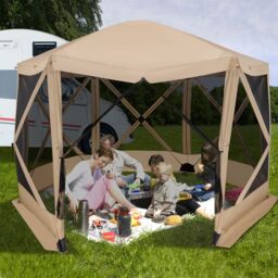 Costway 346 x 305 cm Pop-up Screen House Tent 6-Sided Camping Gazebo Instant Setup Hub Tent with Portable Carrying Bag in Beige - thumbnail 1