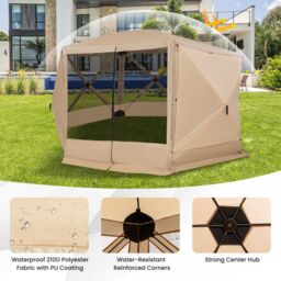 Costway 346 x 305 cm Pop-up Screen House Tent 6-Sided Camping Gazebo Instant Setup Hub Tent with Portable Carrying Bag in Beige - thumbnail 4