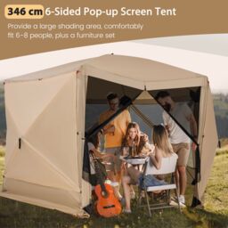 Costway 346 x 305 cm Pop-up Screen House Tent 6-Sided Camping Gazebo Instant Setup Hub Tent with Portable Carrying Bag in Beige - thumbnail 2