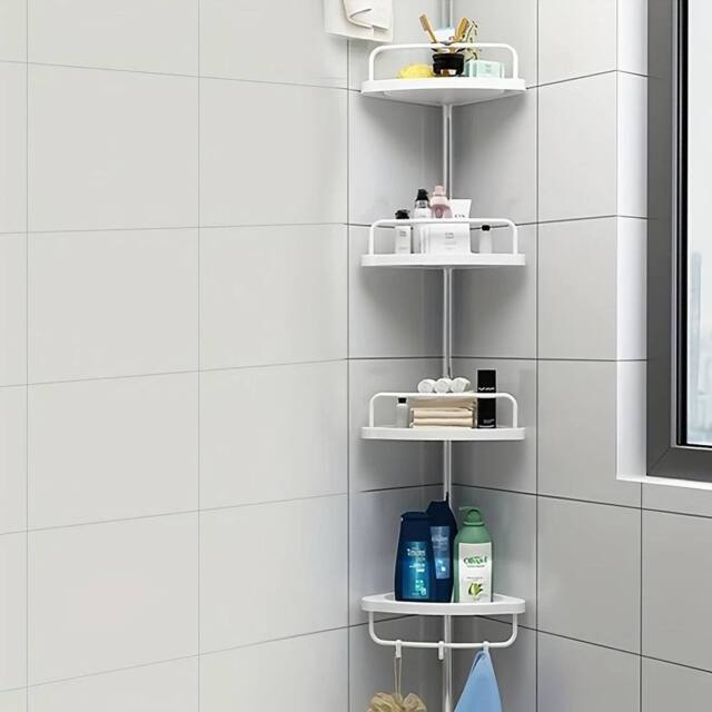 VOGREX 4 Tier Silver Telescopic Bathroom Wall Corner Shelf Rack in White - image 1