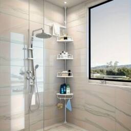 VOGREX 4 Tier Silver Telescopic Bathroom Wall Corner Shelf Rack in White - thumbnail 3