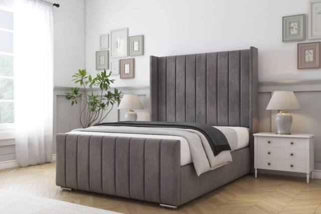 "Comfort Beds Serena Naples Bed Frame - 50"" Upholstered Wingback Headboard in Grey - Size: Single" - image 1