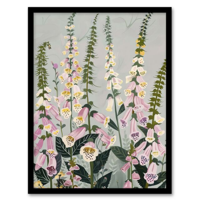 "Artery8 Pink Foxglove Flowers Bloom Artwork Summer Floral Framed Art Print in Grey - Size: W12"" x H16""" - image 1