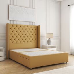 "BSSPOKE Olivia Plush Divan Bed 54"" Headboard 2 Drawers Footend & No Mattress in Mustard - Size: Small Double" - thumbnail 2