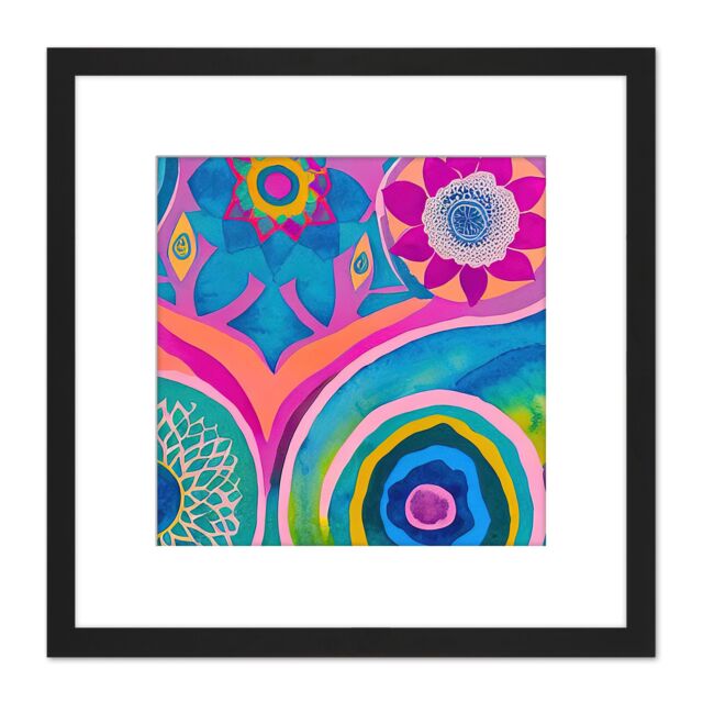 Artery8 Bright Bold Modern Abstract Floral Watercolour Mandala Square Wooden Framed Wall Art Print Picture 8X8 Inch in Black - image 1
