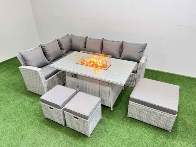 Fimous 9 Seat Rattan Garden Furniture Corner Sofa Set Outdoor Gas Fire Pit Table Sets with 3 Footstools Light Grey - image 1