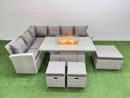 Fimous 9 Seat Rattan Garden Furniture Corner Sofa Set Outdoor Gas Fire Pit Table Sets with 3 Footstools Light Grey - thumbnail 2